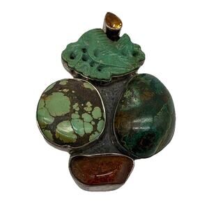 AMY KAHN RUSSEL brooch Pendant Carved Jade Crane Turquois Amber & Citrine 925